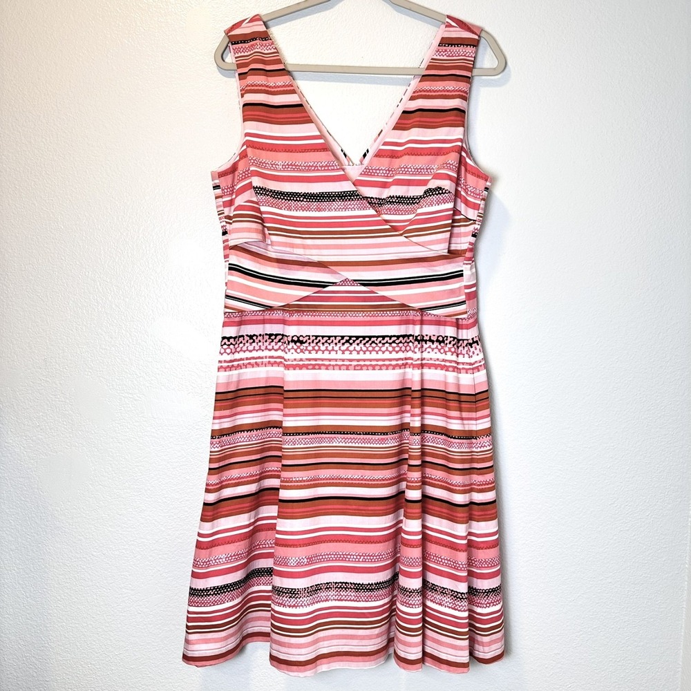 Donna‎ Morgan Size-12 Women's Dress Pink Red Striped Stretch Pockets Zipper